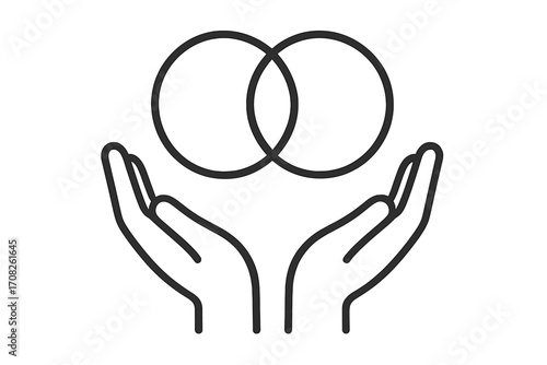 Hands holding intersecting circles. Icon of connection, collaboration, partnership, community. Symbol for teamwork, support, unity, relationship. Vector logo element design.