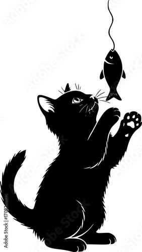 Black cat focused on dangling fish toy cute domestic animal playful kitten vector graphic illustration vector