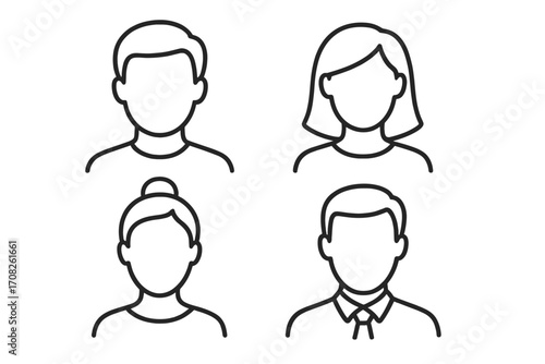Set of faceless user avatars. Male and female profile picture placeholders. Outline person icon for web, app, UI, UX. Anonymous people head vector illustration collection.