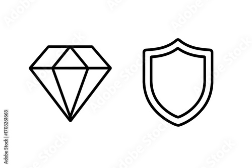 Diamond and shield line icon set. Vector symbols for security, protection, and value. Concepts for insurance, wealth management, premium quality, safety, and reliability.
