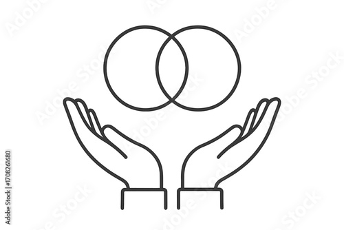 Venn diagram in open hands icon. Concept of collaboration, connection, common ground. Symbol of unity, partnership, shared interests, intersection, relationship, and empathy.