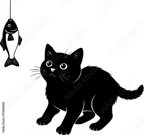 Black cat focused on dangling fish toy cute domestic animal playful kitten vector graphic illustration vector