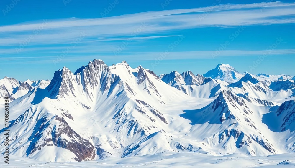 Obraz premium Jagged, snow-covered peaks of the Sentinel Range in Antarctica's Ellsworth Mountains, Mount Vinson visible in distance, wilderness, view