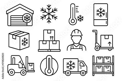 Freezer warehouse line icon collection. Cold chain logistics, refrigerated transport, and frozen food supply chain symbols. Vector icons of worker, forklift, and cold storage.