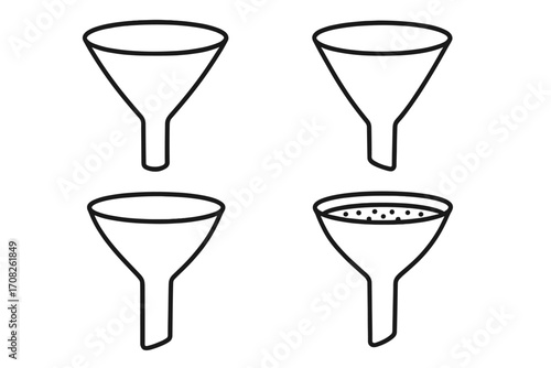 Sales funnel marketing icon set. Lead generation and conversion process concept. Business data filter and analysis vector illustration. Simple line art for infographics.