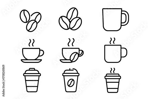 Coffee line icon set. Outline symbols for graphic and web design. Vector pictogram collection of coffee beans, cup, mug, espresso, cappuccino for cafe menu, adverts, app.
