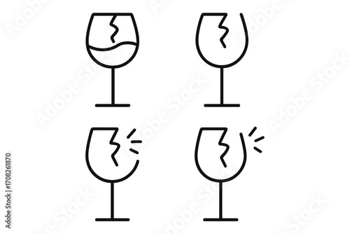 Broken wine glass line icon set. Fragile glassware pictogram collection. Cracked and shattered wineglass symbol for warning signs, packaging, and web design. Vector illustration.
