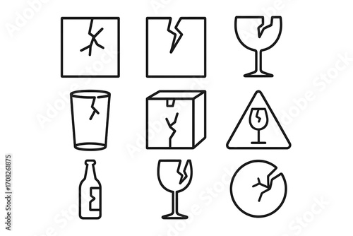 Broken glass thin line icon set. Fragile package and delivery warning signs. Vector outline symbols of shattered, cracked, damaged items. Caution and risk icon collection.