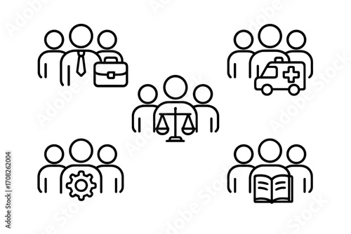 Professional teams line icon set. Concepts for business groups, medical staff, law and justice, education and knowledge, and engineering process. Outline vector symbols for web.