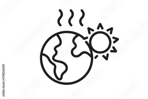 Global warming icon. Climate change concept. Planet Earth heating up. Sun heat. Ecology problem vector. Environmental disaster symbol. Greenhouse effect outline illustration.