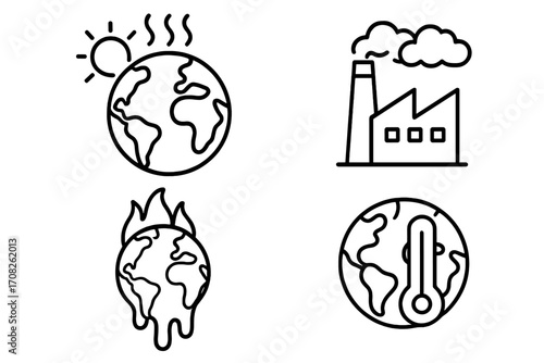 Global warming and climate change outline icon set. Vector illustration of planet earth, factory pollution, co2 emissions, and rising temperature. Ecology and environment concept.