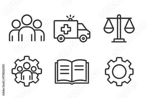 Essential services and business line icon set. Vector symbols for teamwork, ambulance, justice, management, education, and settings. Outline graphics for web and apps.