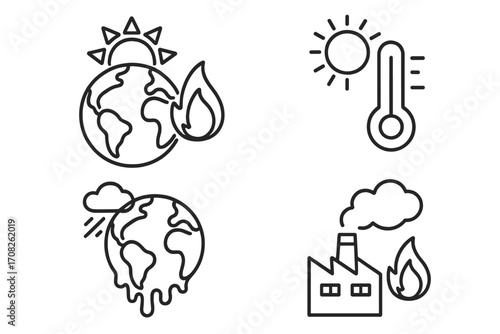 Global warming and climate change line icon set. Vector collection of earth on fire, melting planet, hot temperature thermometer, factory pollution. Environmental disaster concept.
