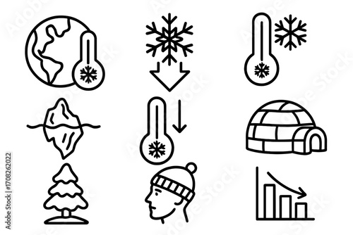 Cold weather and global cooling icon collection. Outline vector signs for winter, freezing temperatures, snow, and climate concepts. Metaphor for ice age, cold front, and frost.