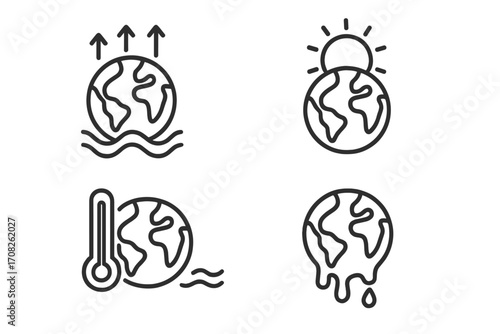 Global warming line icon set. Climate change concept with melting planet Earth, rising temperature thermometer, hot sun heat. Environmental disaster, ecology crisis, sea level vector.
