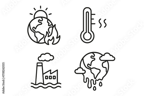 Global warming vector line icon set. Climate change concept with melting planet earth, industrial pollution, fire and hot thermometer. Environmental disaster ecology symbols.