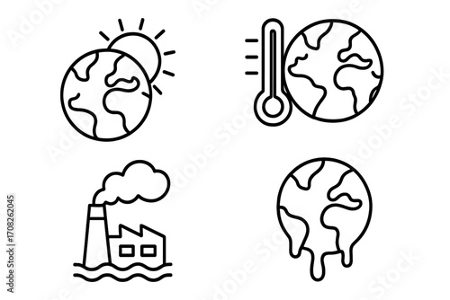 Global warming outline icon set. Climate change, ecology concept. Melting earth, planet heat, factory pollution CO2 emission. Vector linear symbols for environmental design.