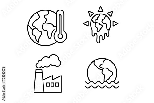 Global warming and climate change icon set. Melting earth, factory pollution, rising sea levels, and high temperatures. Ecology and environment concept. Outline linear vector.