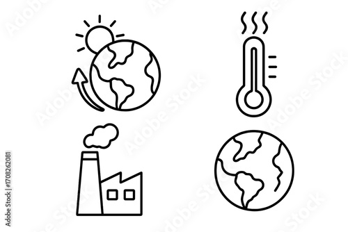 Global warming and climate change icon set. Thin line vector icons about ecology, pollution, and environmental disaster. Planet Earth, factory emissions, hot sun, thermometer.