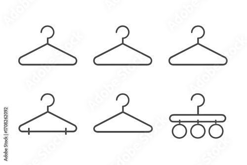 Clothes hanger icon set. Collection of minimalist line art symbols for fashion, retail, and laundry. Simple vector pictogram bundle for wardrobe, closet, and apparel storage concepts.
