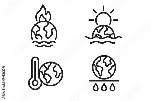 Global warming and climate change linear icon set. Vector symbols for ecology concepts like planet fire, rising sea levels, high temperature, and acid rain. Environmental disaster.