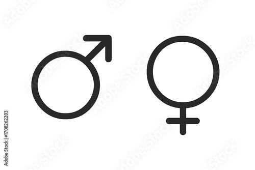 Gender symbol vector icon set. Male and female black pictogram isolated on white. Man and woman sign. Mars and Venus astrological symbols. Gender identity, equality concept.