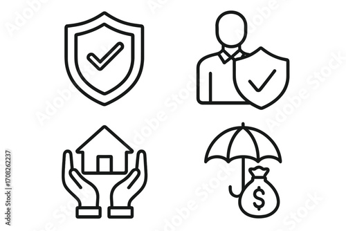 Insurance icon set for security and protection. Concepts for life, health, property and finance. Vector line icons of shield, home care, safety and money guarantee.