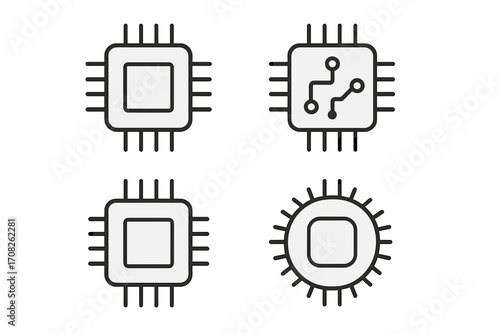 Chip line icon set. Microchip, CPU, and processor symbols. Technology and computer hardware pictogram collection. Minimalist outline vector graphic for web and app design.