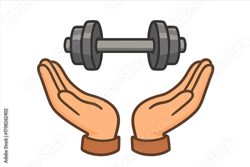 Hands offering a dumbbell. Fitness support and health care concept. Vector logo for sport, gym, weightlifting, and healthy lifestyle. Symbol of strength and personal training.