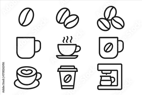 Coffee line icon set vector. Simple outline icons for cafe menu, web design. Includes coffee bean, espresso cup, latte mug, coffee maker machine & take away cup pictogram.