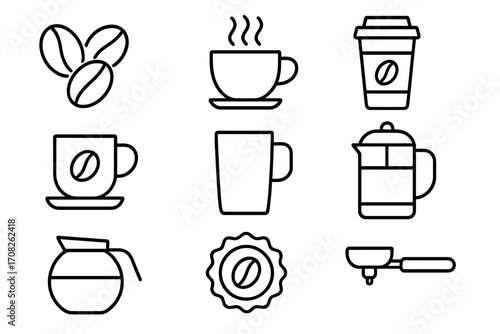 Coffee line icon set. Vector outline symbols for graphic design, apps, web. Barista collection: bean, hot drink, cup, mug, espresso, french press, portafilter, pot.
