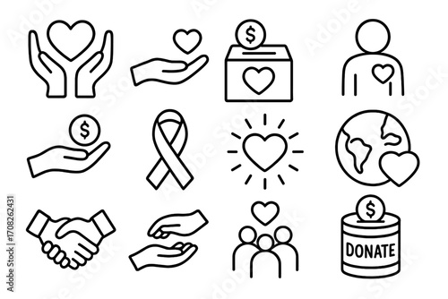 Charity and donation line icon set. Vector symbols of giving, love, care, and support. Outline pictograms for fundraising, volunteering, and humanitarian aid projects.