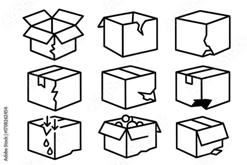 Damaged cardboard box icon set. Line icons for delivery service, shipping, and packaging. Vector illustration of broken, wet, and fragile parcel signs for logistics.