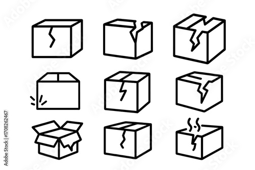 Shipping damage line icon set. Broken parcel, crushed cardboard box vector symbols. Fragile cargo, delivery problem, poor handling, return package, logistics insurance concept.