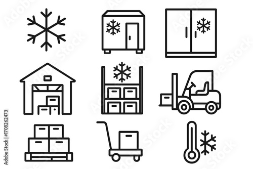 Vector line icon collection for cold chain logistics and refrigerated warehousing. Symbols for freezer, transport, forklift, pallet, and distribution for supply chain concepts.