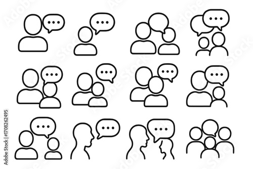 People communication line icon set. Person talking, group chat, and user profile symbols. Vector collection for dialogue, social media, discussion, meeting, and teamwork concepts.