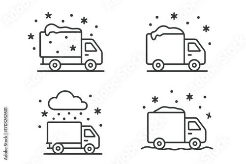 Snow removal truck and winter delivery services line icon set. Vector collection of outline symbols for logistics, transport, and weather concepts for web and graphic design.