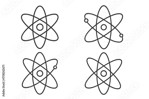 Atom icon set. Science symbol collection. Physics, chemistry, nuclear energy concept. Vector line art illustration of atomic structure with nucleus, orbital, and electron particle.