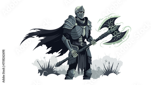 Ironclad Sentinel: A stoic and formidable knight stands tall, wielding a glowing battle axe, embodying strength and determination in a vividly illustrated depiction.