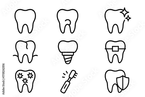 Dental care and dentistry line icon set. Stomatology collection with tooth implant, braces, caries, and cleaning icons. Oral hygiene and healthcare concept vector graphic.