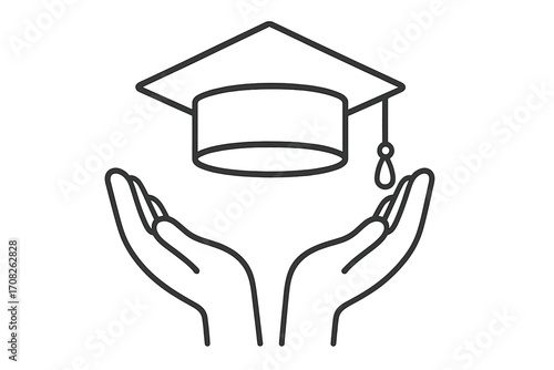 Academic graduation cap held by open hands, education success concept, scholarly achievement, diploma celebration, college learning symbol, vector cartoon illustration