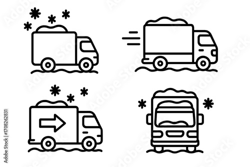 Winter delivery service truck line icon set. Snow removal vehicle and logistics transport symbols. Fast shipping in cold weather. Vector outline signs for web design, apps.