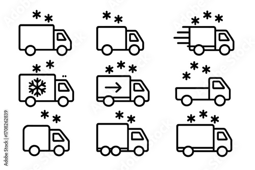 Winter delivery truck icon set. Snow logistics and refrigerated transport symbols. Fast shipping van and cold freight cargo line art. Vector graphic elements for web design.