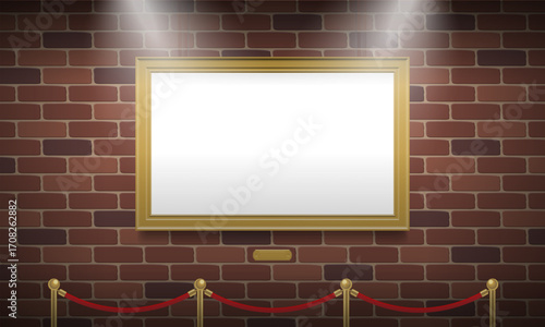 museum gallery interior with golden picture frame  rope barrier brick wall light spot mock up vector illustration