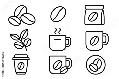 Coffee line icon set. Vector symbols for caffeine, espresso, cappuccino. Outline signs for graphic and web design. Pictogram collection of bean, cup, hot drink, cafe, leaf.