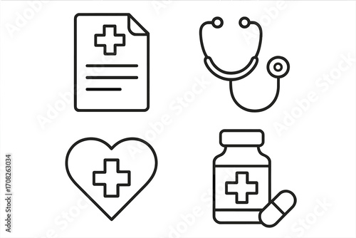Medical line icon set. Vector illustration. Healthcare symbols. Stethoscope, medical report, heart care, and pill bottle. For web design, app, logo, and infographics.