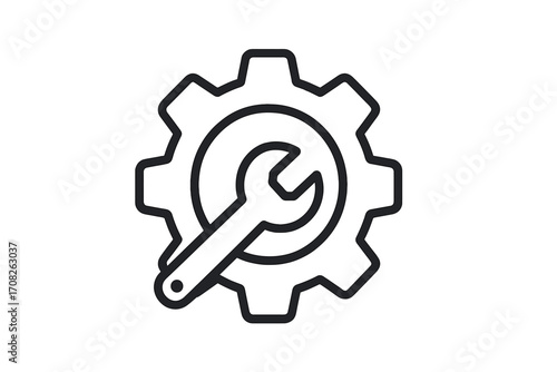 Gear icon with wrench for settings, options and preferences. Concept of configuration, maintenance and repair service. Technical support symbol. Outline cogwheel with spanner.