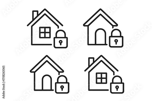 House lock icon pack. Home security symbol. Real estate safety concept. Private property padlock sign. Secure building outline pictogram. Stay home. Linear icons for web, app.