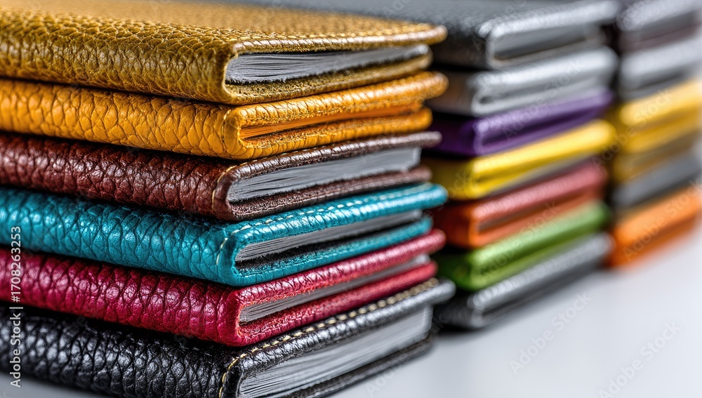 Fototapeta premium Close-up of stacked colorful leather notebooks