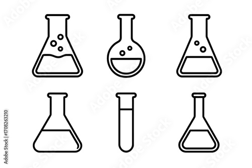 Laboratory flask and test tube line icon set. Chemistry glassware for science experiment, medical analysis, or chemical research. Vector lab equipment outline symbols.